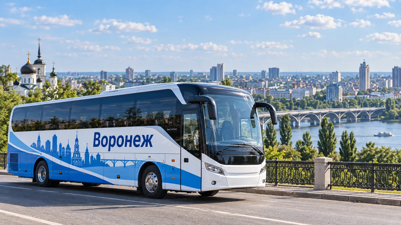 Брендированный автобус Воронеж на фоне города Воронеж
